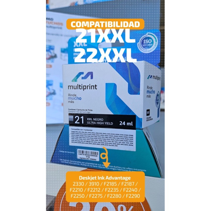 El cartucho de tinta compatible 21 y 22 XXL ofrece una alta capacidad de impresión.