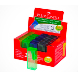 El sacapuntas con depósito Faber-Castell mantiene limpio tu espacio de trabajo al almacenar las virutas de forma práctica