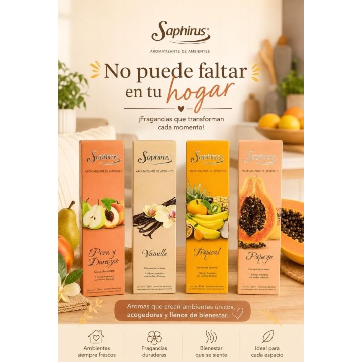 El Saphirus Difusor con Varillas (125 ml) perfuma tus espacios de forma continua, elegante y natural.